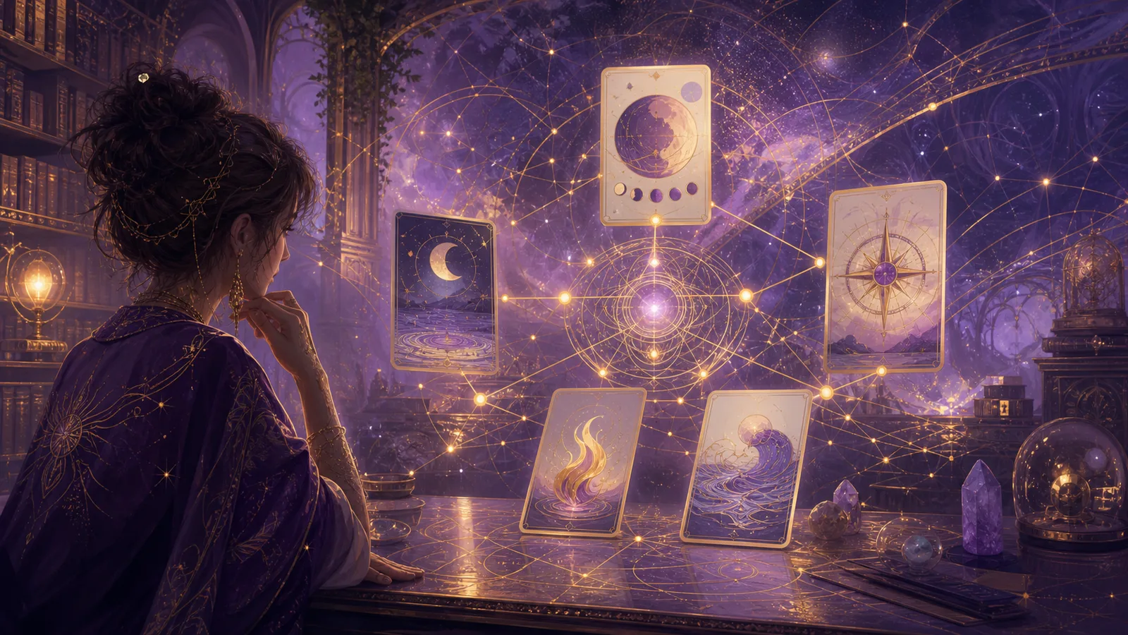 紫金色星空图书馆中，一个人观察由金色网络连接的象征卡牌
