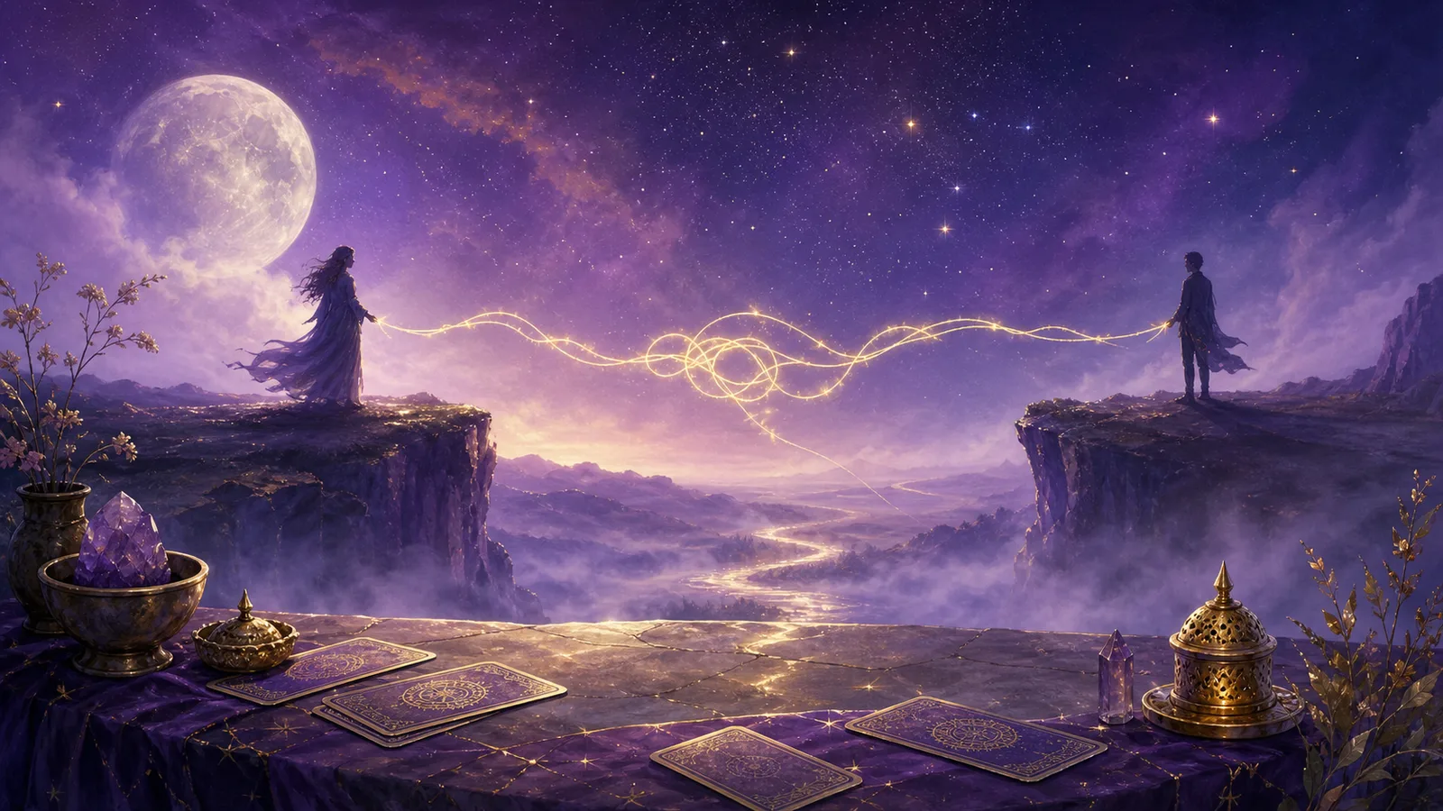 紫色星空下，相隔两端的人被一条纠缠的金色丝线连接