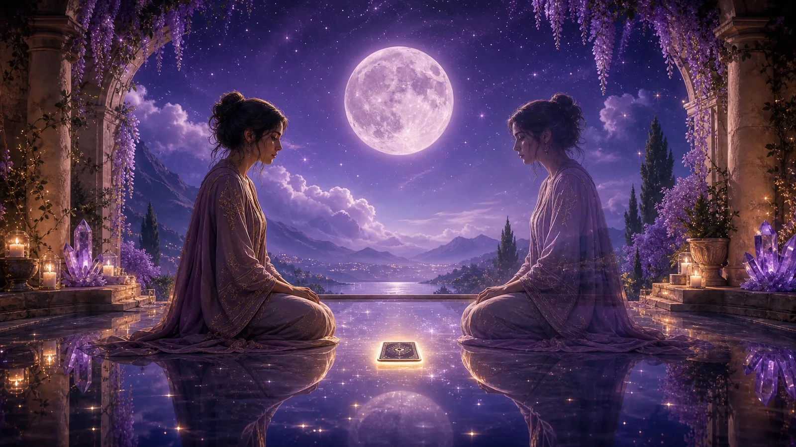 紫色月光下，一个人与水面中的自己对坐，中间放着一张发光的塔罗牌