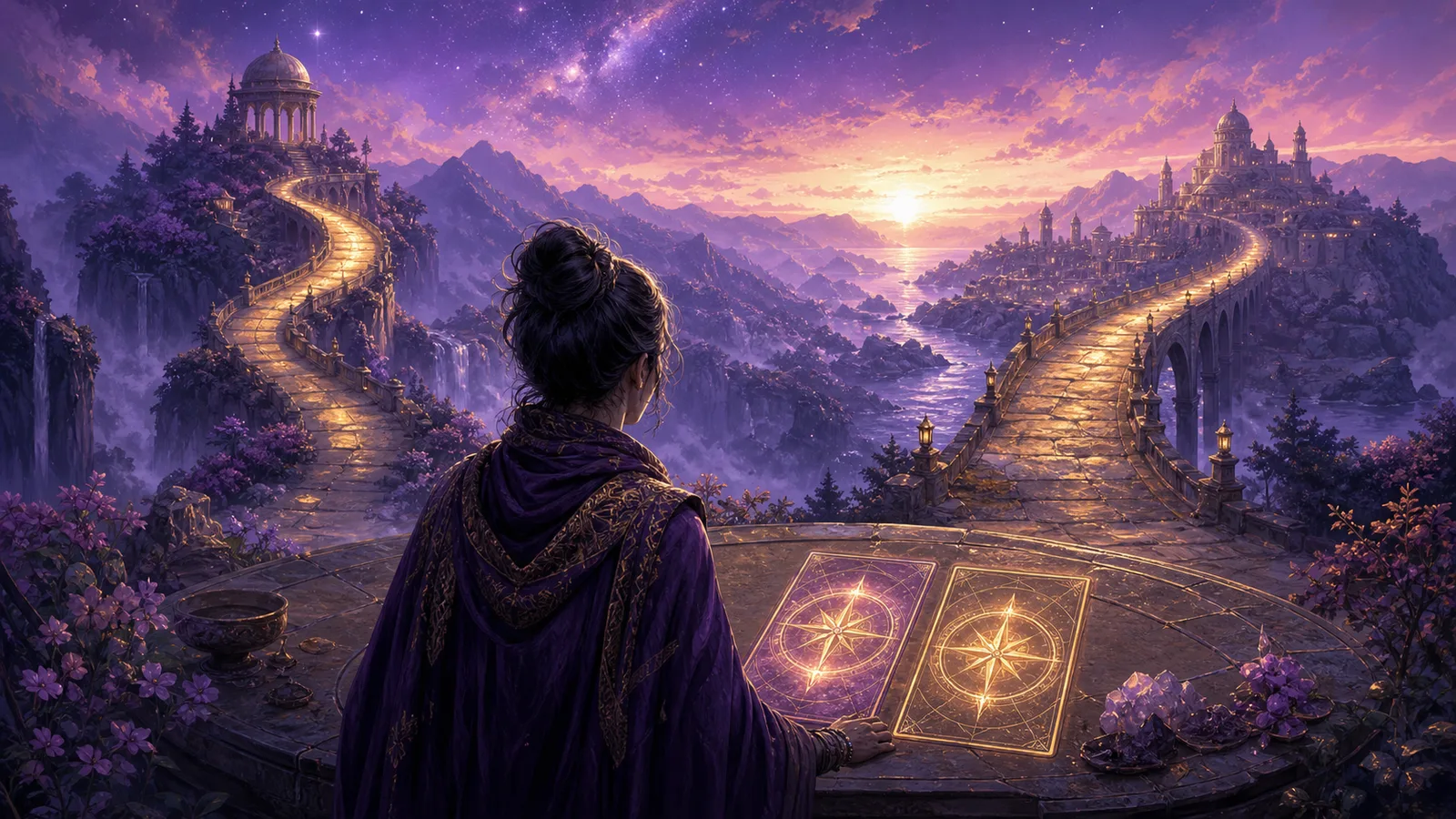 紫色晨光中，两座同样明亮的金色桥梁通向不同方向